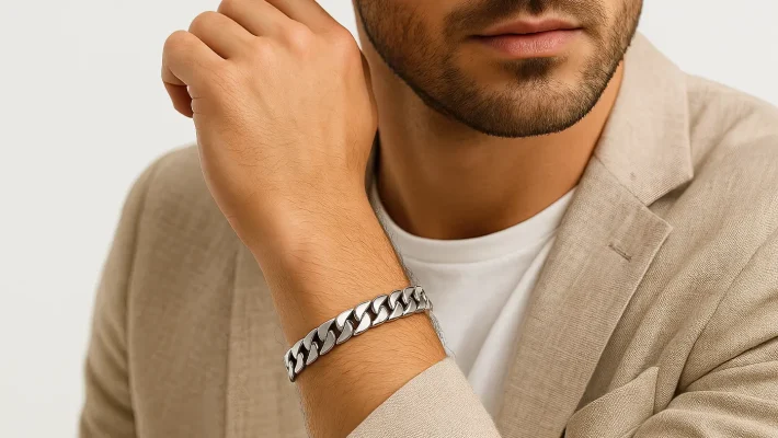 Homme élégant portant une gourmette cubaine argent, symbole de luxe et de raffinement masculin