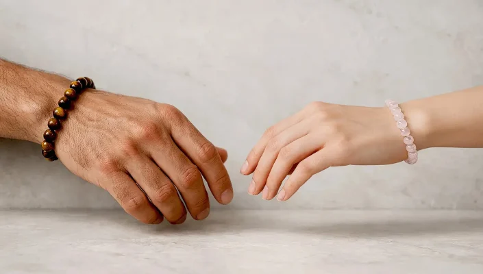 Bracelet en perles naturelles œil-de-tigre sur poignet homme et bracelet quartz rose sur poignet femme, style mixte