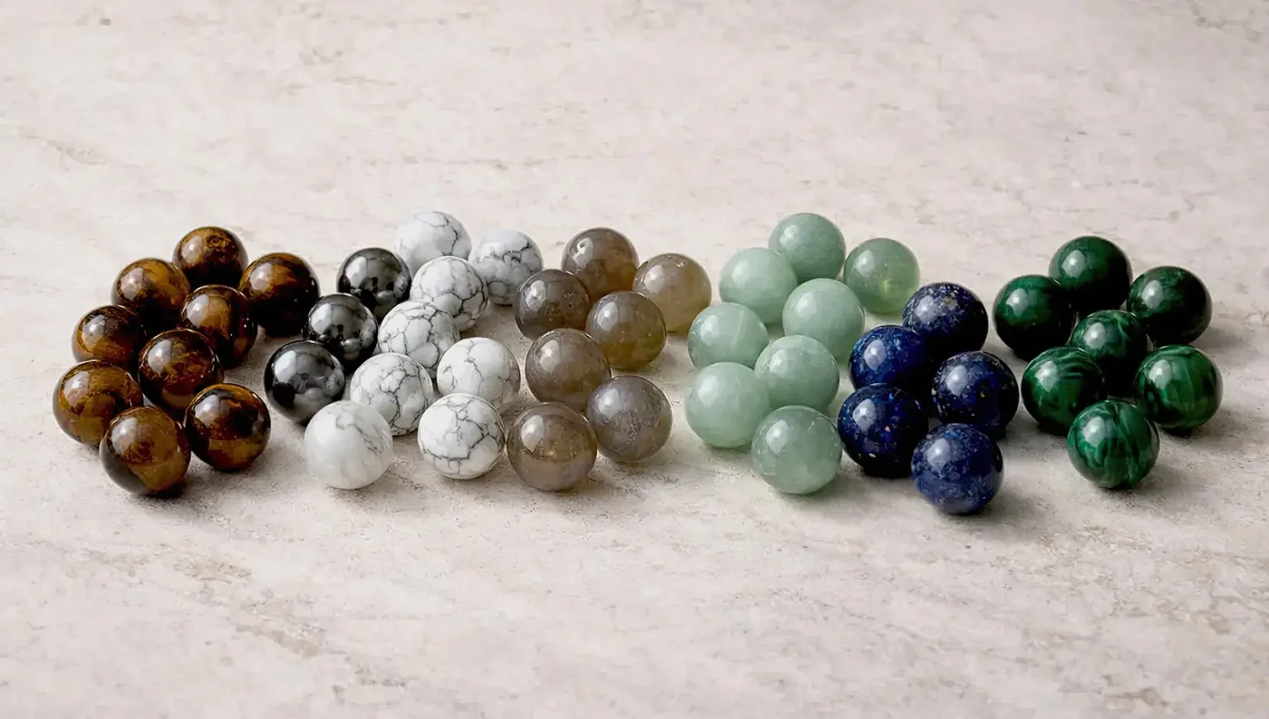 Perles rondes en pierres naturelles : œil-de-tigre, hématite, howlite, agate, jade, lapis-lazuli et malachite
