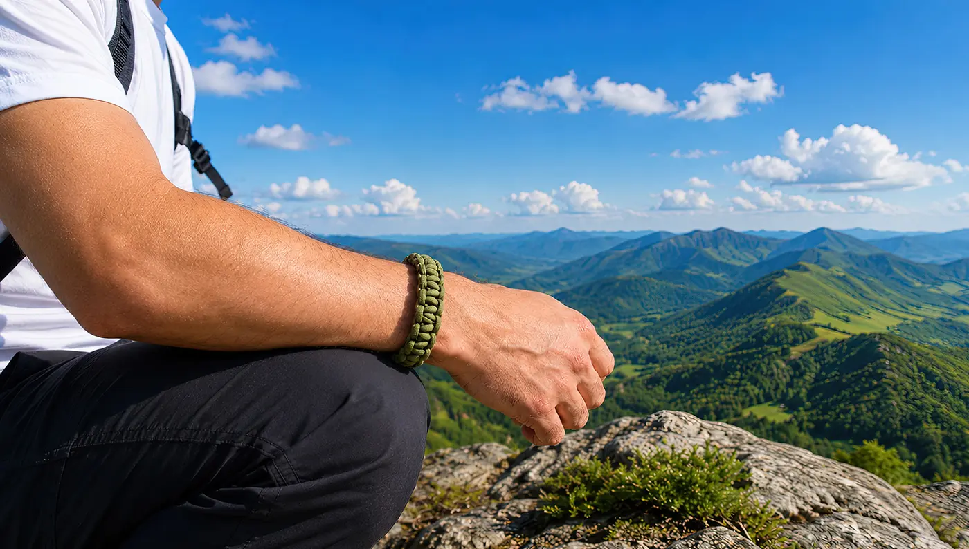 Bracelet de survie homme en paracorde porté au poignet face à un paysage de montagne