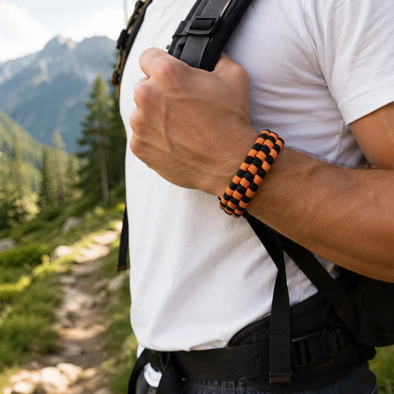Bracelet de survie en paracorde noir et orange porté par un homme en randonnée avec sac à dos