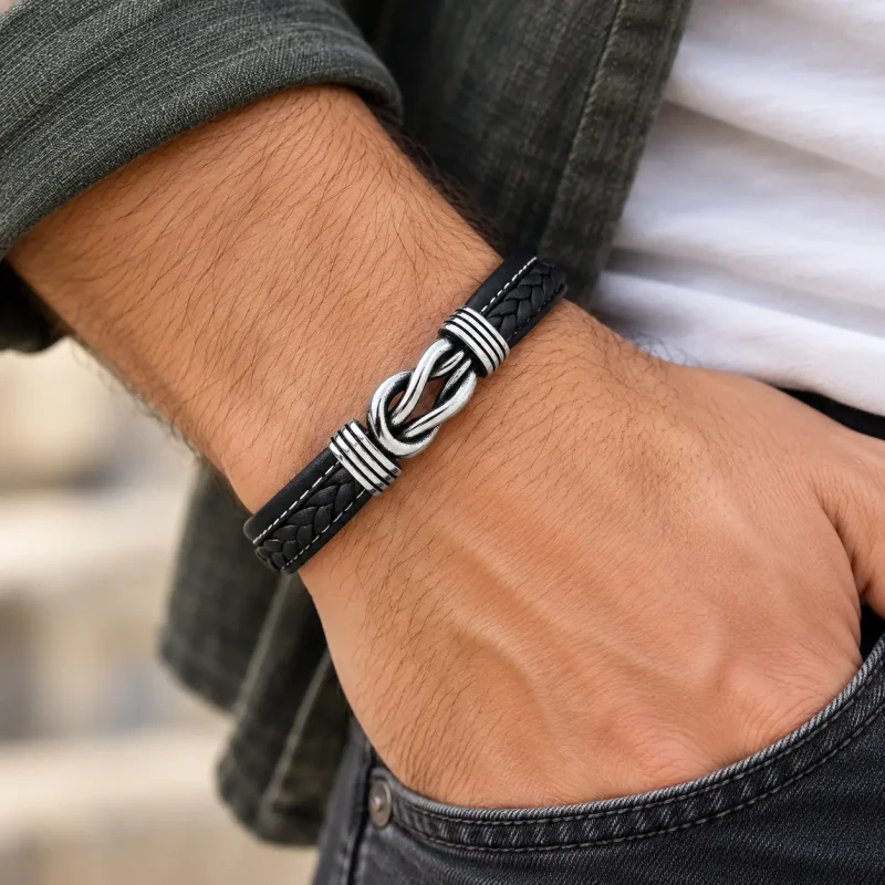 Bracelet infini en cuir noir tressé avec symbole argenté porté au poignet d’un homme en tenue casual.