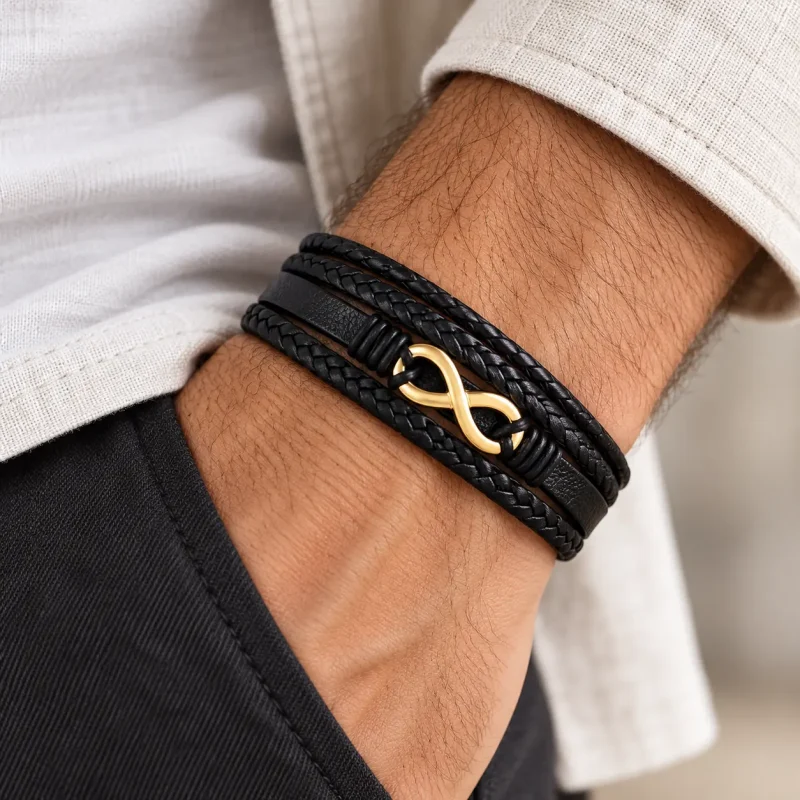 Bracelet infini homme en cuir noir multi-rangs avec symbole doré, porté au poignet.