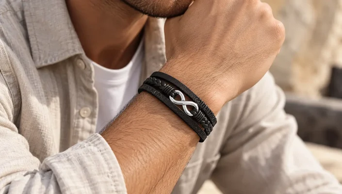 Bracelet infini homme en cuir noir avec symbole argenté porté au poignet avec une chemise beige.