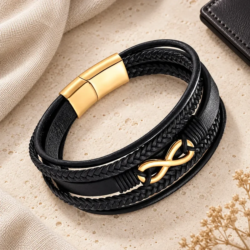 Bracelet homme en cuir noir tressé et lisse avec symbole infini doré, posé sur une pierre beige.